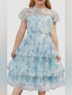 Grace Karin Blue Floral Tiered Tulle Party Dress for Girls